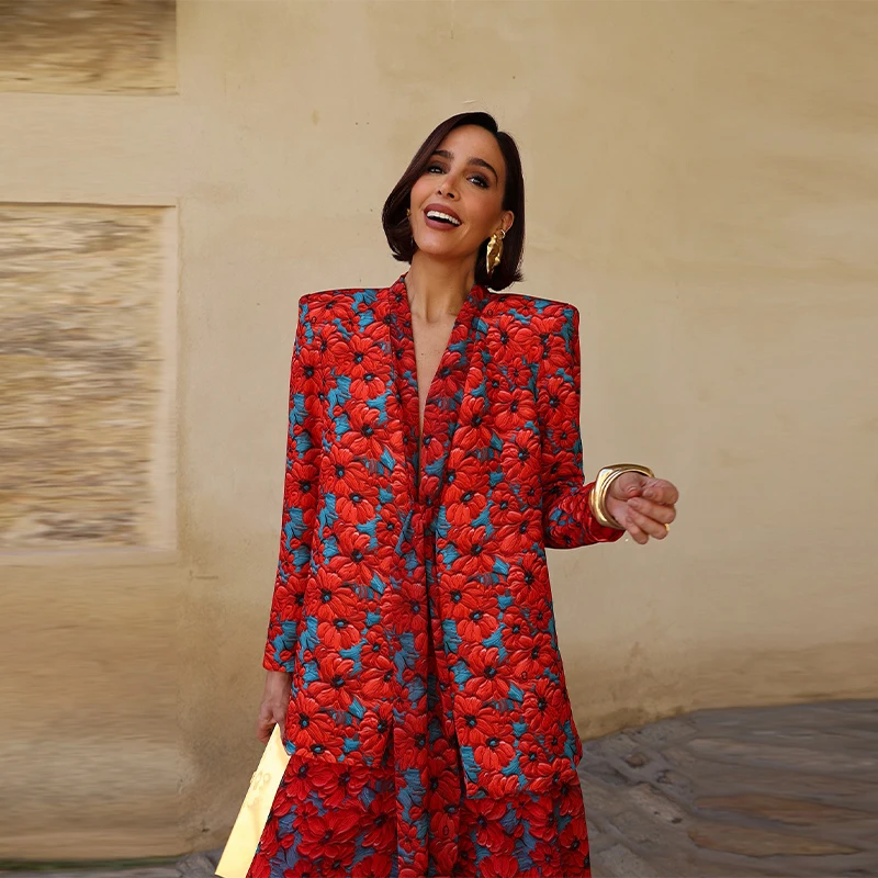 Modisches Damen-Blazer-Set mit Print, 2026, Langarm, Gürtel, V-Ausschnitt, Tailliert, Schlanke Damenjacke, Weite Hose, 2-teiliges Set – Detail 20