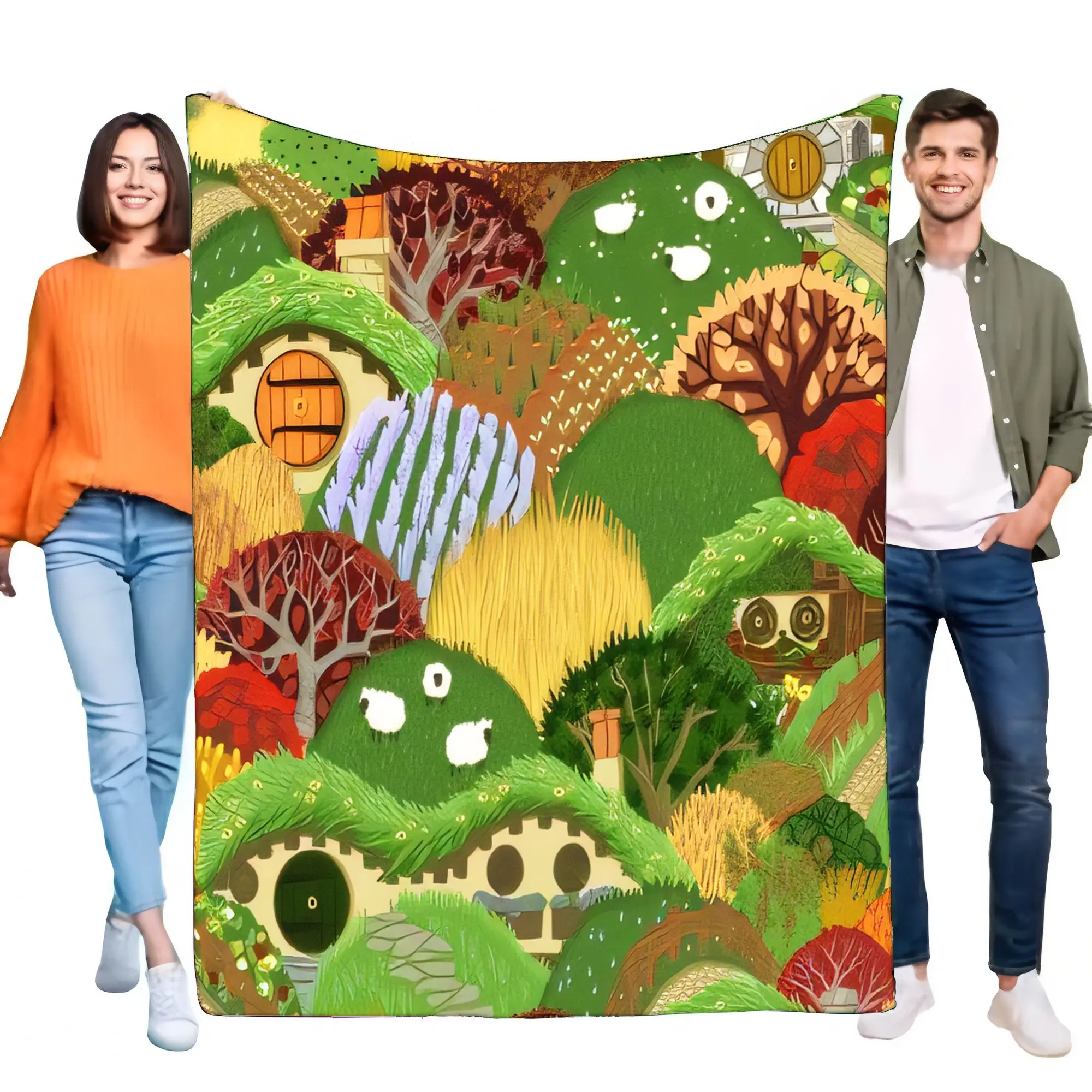 Manta de pueblo con agujeros de Hobbit de fantasía, manta de felpa súper suave y acogedora para sofá cama, regalo de decoración para niños y adultos con bonitos ovejas de dibujos animados
