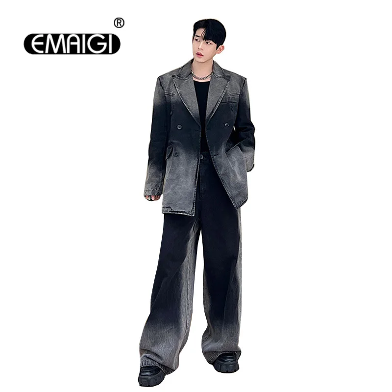 

Korean Streetwear Niche Clothes for Men 2 Pieces Suits Sets Gradient Washed Denim Blazer Jacket Wide Leg Jeans Pants Tracksuit