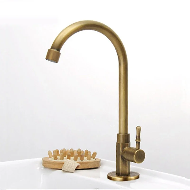 

European Antique Copper All Brass Yellow Single Cold Kitchen Basin Faucet Antique 360 Degree Rotatable Faucet