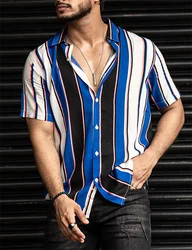 Summer Fashion Men's Striped Shirts Button Short Sleeve Lapel Streetwear Hawaiian Basic Blouse Classic Shirts for Men Polyster