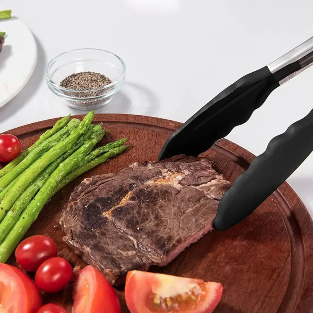 

3pcs Silicone Tip BBQ Grilling Tong Heat Resistant Non-slip Food Clip Anti-scalding Locking Design Bread Clamp Restaurant