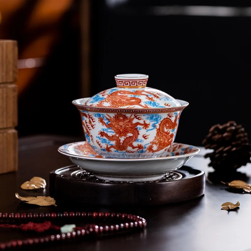 

Jingdezhen Qitang High-Grade Alum Red Sancai Gaiwan Tea Cup Household Ceramic Maker Kung Fu Set Bowl