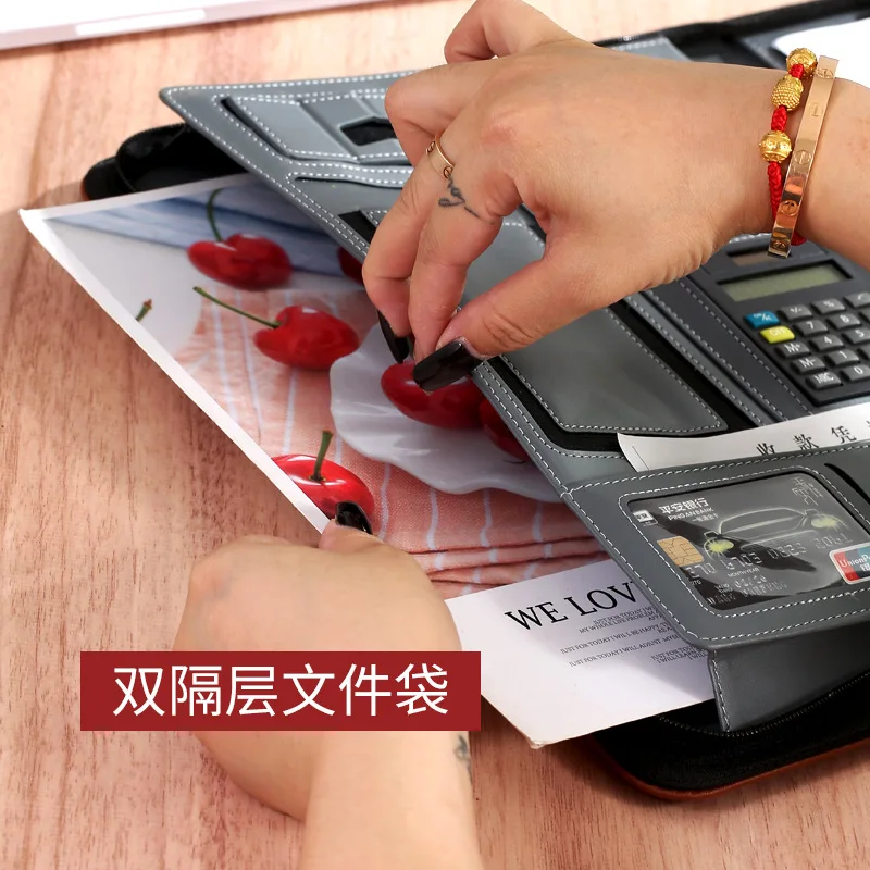 A4 Leather Zipper Business Portfolio Folder Document Organizer Bag with Multi Pockets Calculator Sleeve for Office Meetings