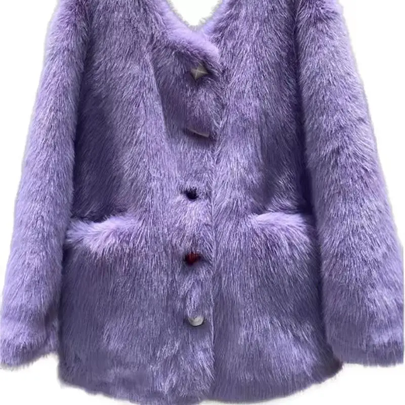 Faux Mink Fur Coat for Women, Single Breasted Jacket,England Style Outwear,O-Neck, Quilted Thick Furry, Autumn and Winter