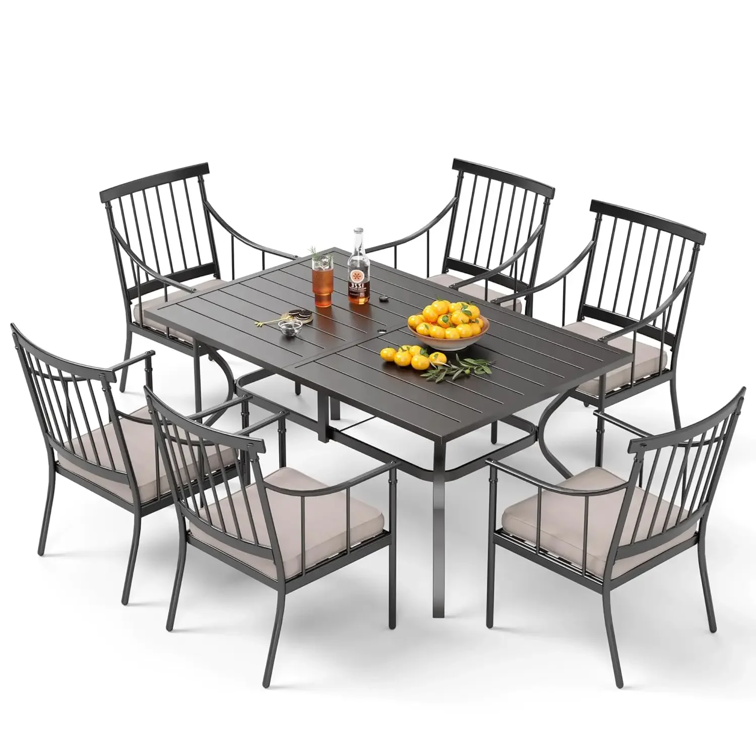 

7 Piece Outdoor Dining Set with Cushion, 60” Rectangular Metal Dining Table with Umbrella Hole & 6 Cushioned Iron, Custom