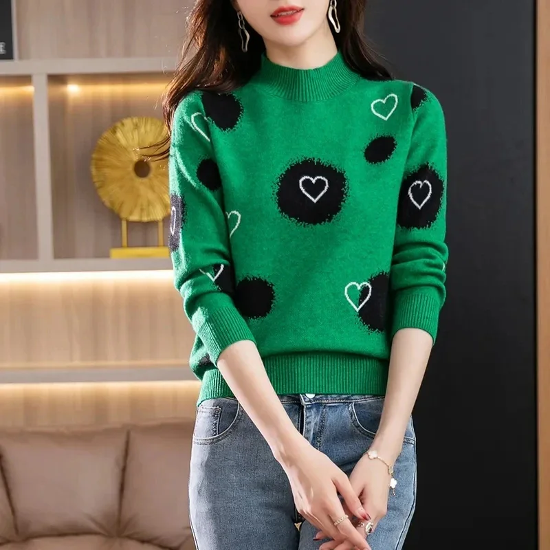 Autumn Winter Thick Warm Chic Love Jacquard Women\'s Sweater 2023 New Wool Knitted Fashion Simple Pullover Knitwear