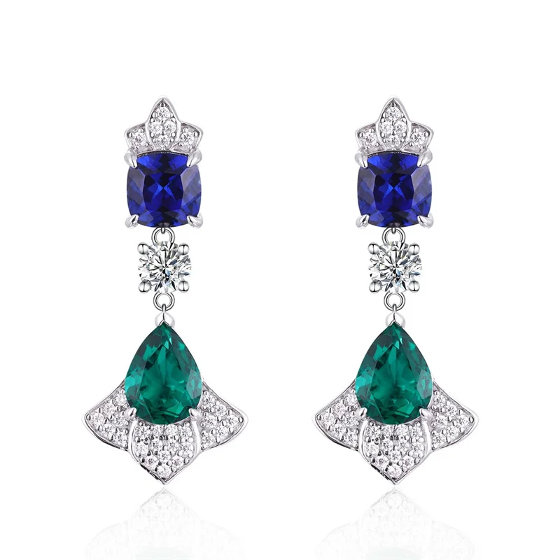 

ZFSILVER 925 Silver Luxury Trendy Cultivated Gemstone Blue Green Fan Earring For Charms Women Wedding Party Jewelry Gift R3-0069