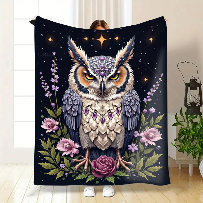 1 PC Flannel ผ้าห่ม Magical Owl ดอกไม้และดาว COZY ผ้าห่มสําหรับตกแต่งบ้าน