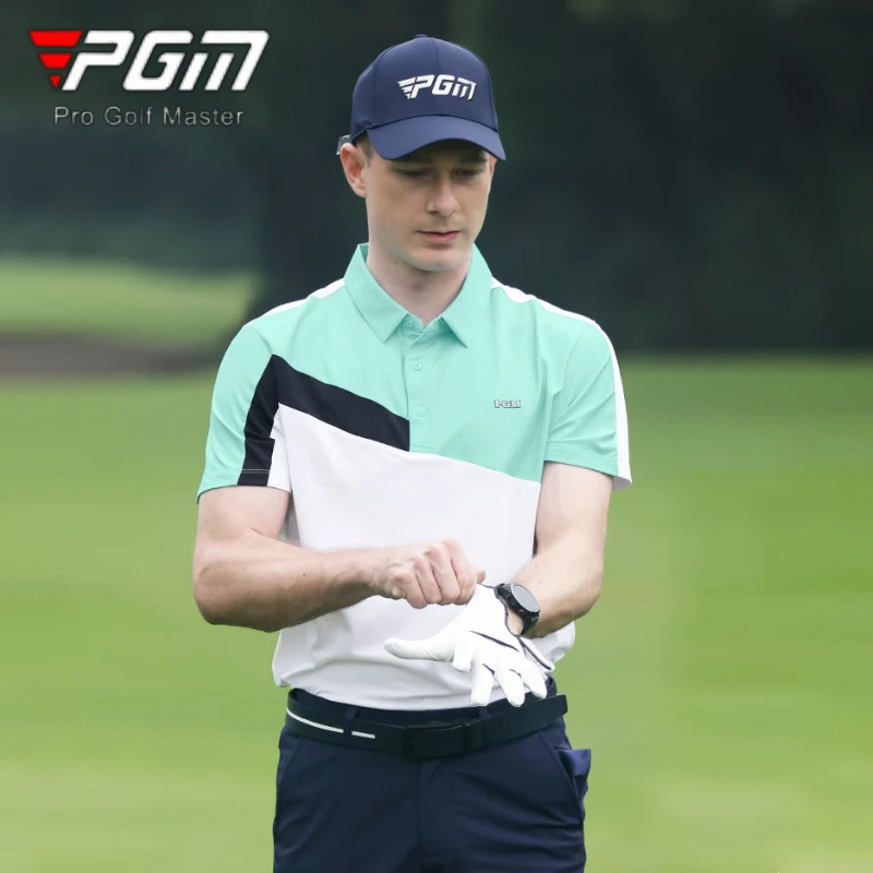 PGM Men Short Sleeve Golf T-shirt Male Breathable Patchwork Tops Fast Dry Turn Down Collar Polo Shirt Casual Golf Blouse