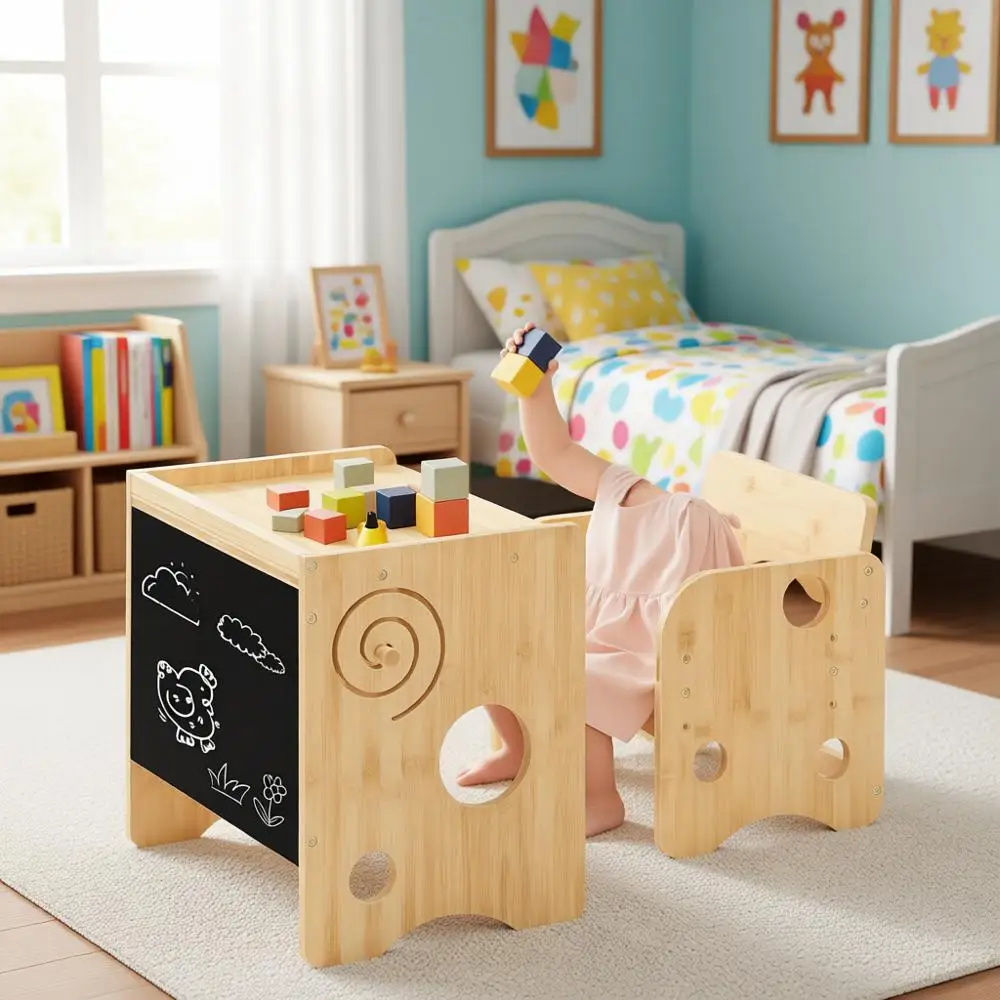 

3-in-1 Bamboo Toddler Table and Chair Set with Chalkboard, Adjustable Height, for Ages 1-3, Ideal for Reading, Eating, and Playi