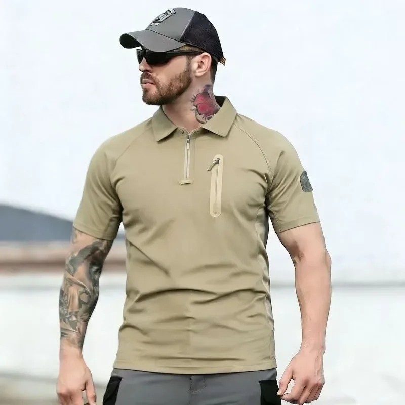 Men's Quick Dry Breathable Moisture Wicking Tactical Short Sleeve T-Shirt with Zip Pocket for Hiking Camping Outdoor Sports Tops