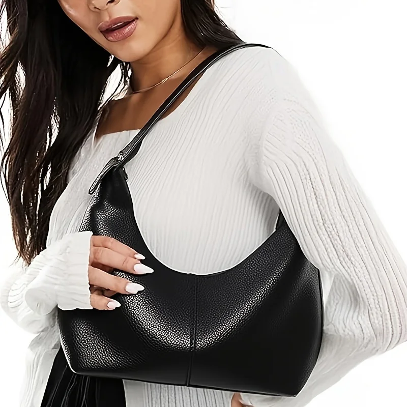 Damen Einfache Einfarbige PU-Leder Hobo-Tasche Minimalistische Unterarm-Schultertasche Lässige Große Kapazität Alltags-Handtasche – Detail 10