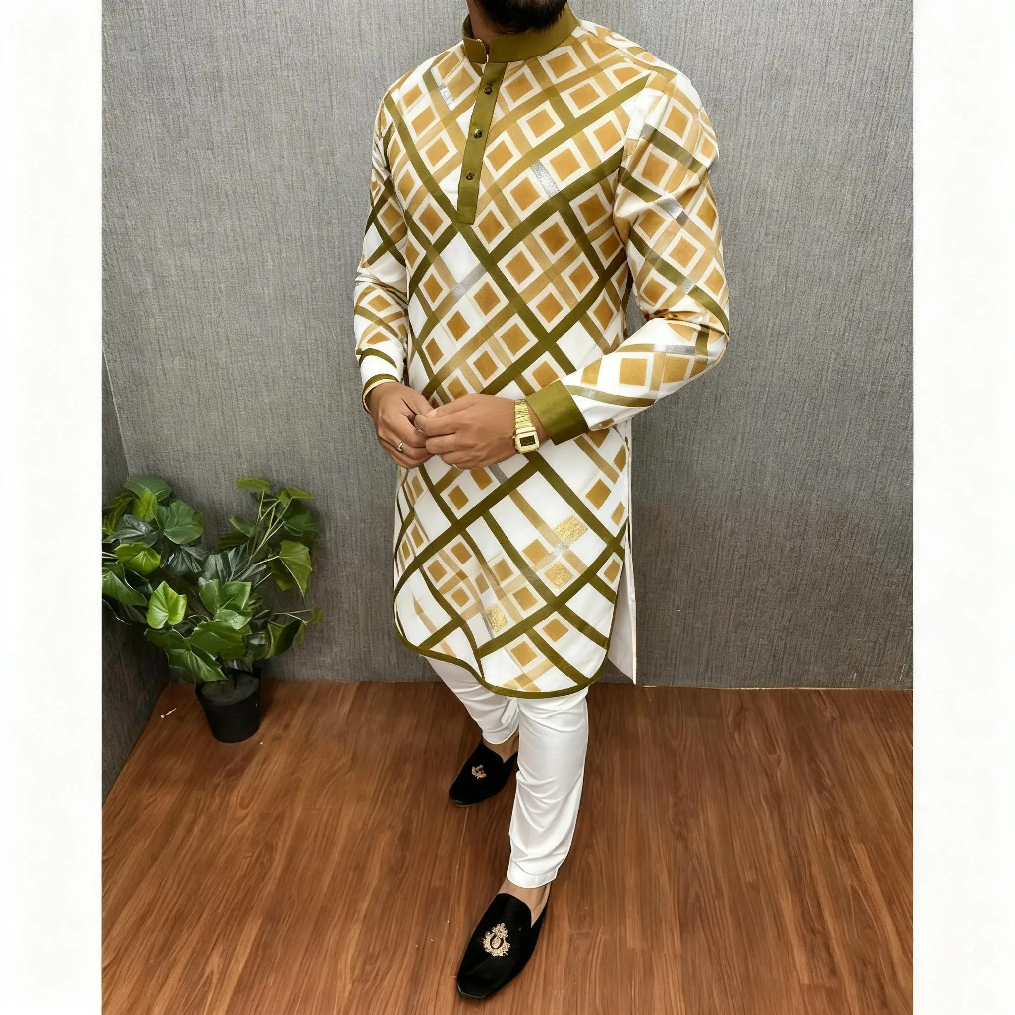 쿠르타 바르다 레귤러 핏 만다린 칼라 롱, 결혼식, 하리 라야, 아이딜피트리 등 국가 스타일에 적합, 무슬림 남성, 아랍 스타일