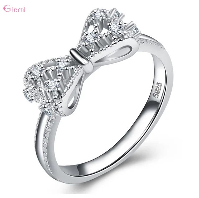 925 Sterling Silver Bowknot Bow Knot Cubic Zirconia Rhinestone Pierścionki dla kobiet Moda Modna biżuteria zaręczynowa ślubna