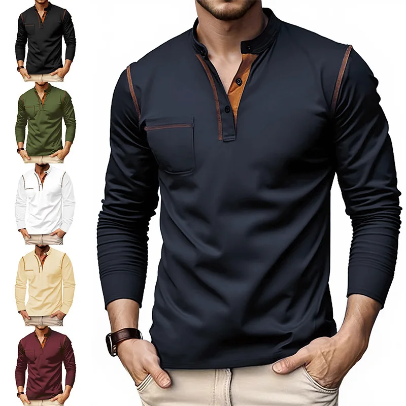 Spring Autumn Men Contrast Edge Henley Tee Stand Collar Pocket Casual Daily Long Sleeve Tops