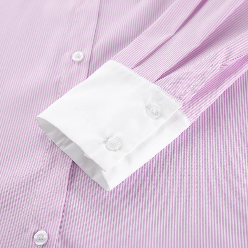 المرأة الوردي شريطية طويلة الأكمام قميص التلبيب تقسم اللون Preppy المرأة بلوزة فضفاضة قميص مكتب سيدة ركاب الخريف الربيع #5