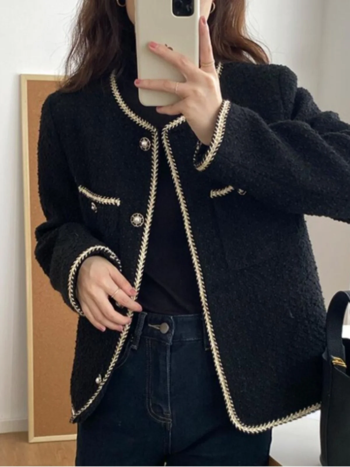 

plus Size Cotton Jaet Women's Autumn High-End Small Fraance Sle ort Jaet Plump MM Slimming Top Korean Sle Thien...