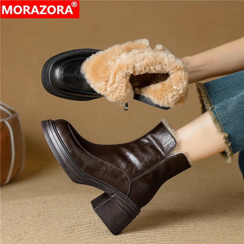

MORAZORA 2025 New Genuine Leather Snow Boots Zipper Round Toe Platform Ankle Boots Faux Wool Thick Fur Warm Winter Booties