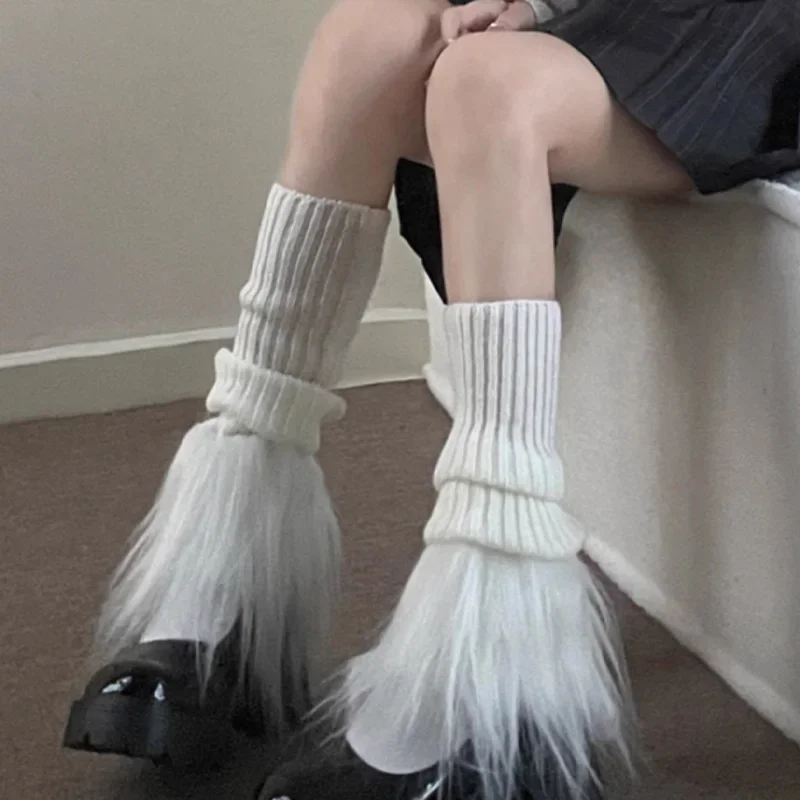 Aquecedores de pernas de tricô de pelúcia mulheres inverno longo meias de pele do falso lolita quente doce meias peludas preto branco bota capa meias