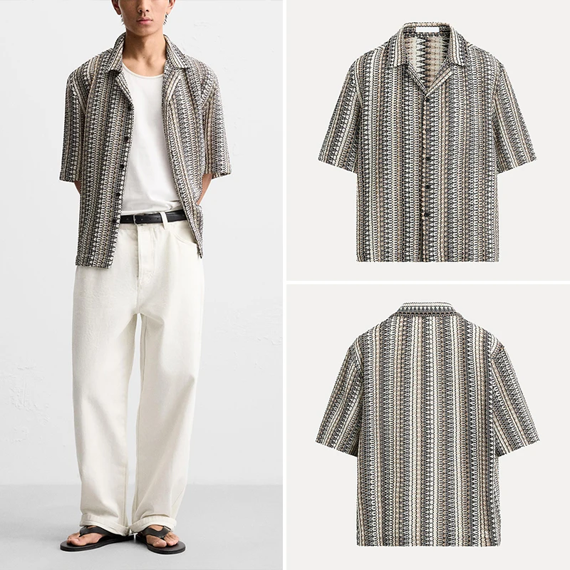 

Faionable Geometric Pattern Embroidered ort Sve irt for Men Summer New Arrival Loose Fit Youth Casual Regular Length