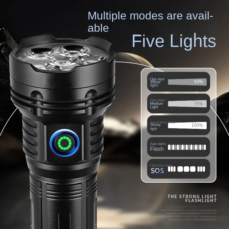 Powerful Rechargeable Led Flashlight with 9 wicks USB output Tactical Torch Portable lantern Outdoor Emergency Camping