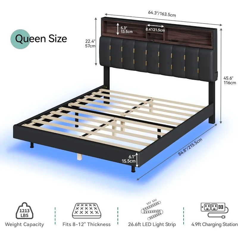 Queen Size Floating Bed Frame,Upholstered Platform Bed with RGB LED Lighting, USB Charging and Headboard Storage