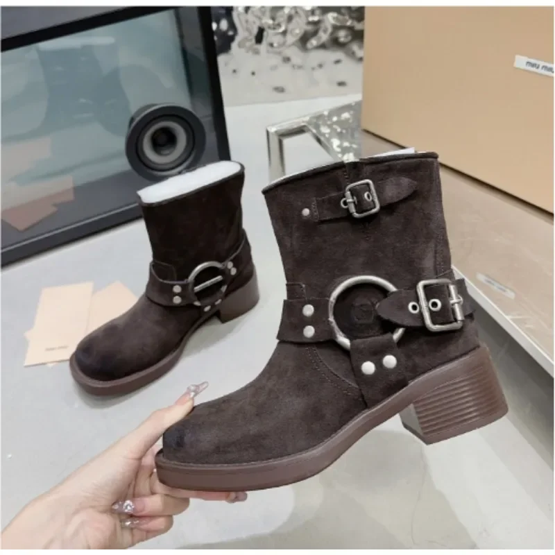 2024 Autumn and Winter Cowhide New High-end Suede Boots Motorcycle Trendy Fashion Women Casual Shoes Brown Black