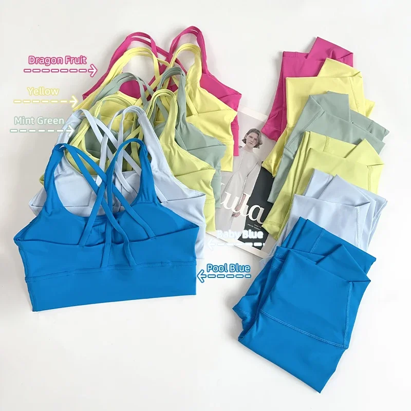 ชุดโยคะ 2 ชิ้น ชุดออกกำลังกายสำหรับผู้หญิง ชุดกีฬา เสื้อผ้าออกกำลังกาย กางเกงเลกกิ้งเอวสูง สายไขว้ บราฟิตเนส ชุดวิ่ง 👚 👍️