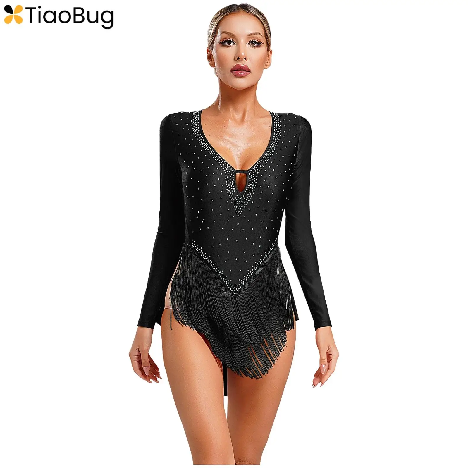 

Womens Latin Dance Performance Costume Glittery Rhinestones Fringe Leotard Deep V-Neck Long Sleeve Bodysuit Jazz Dancewear