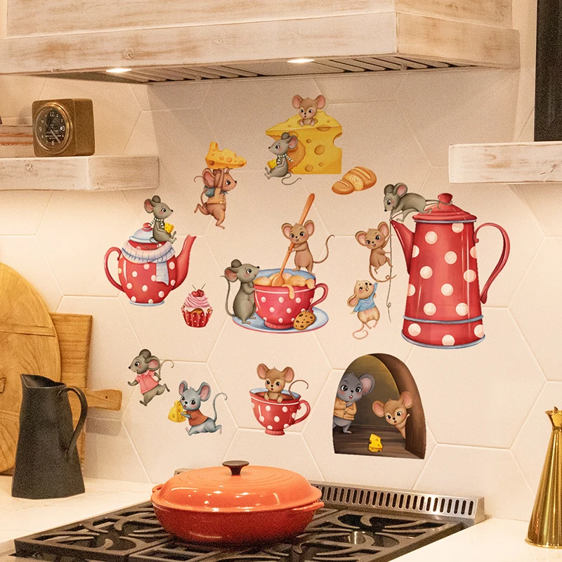 Cute Mouse Dessert Food Kitchen Wall Stickers  Teapot Mice Wall Art Decals for Dining Room Restaurant Refrigerator Kids room