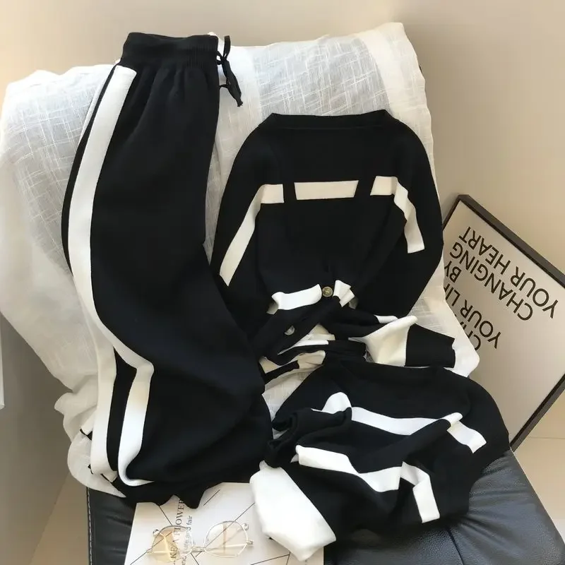 Set da 3 pezzi in maglia da donna casual M alhas Pantaloni a gamba larga Completi Maglieria vintage allentata Cardigan a righe + maglione Canottiere Top completo