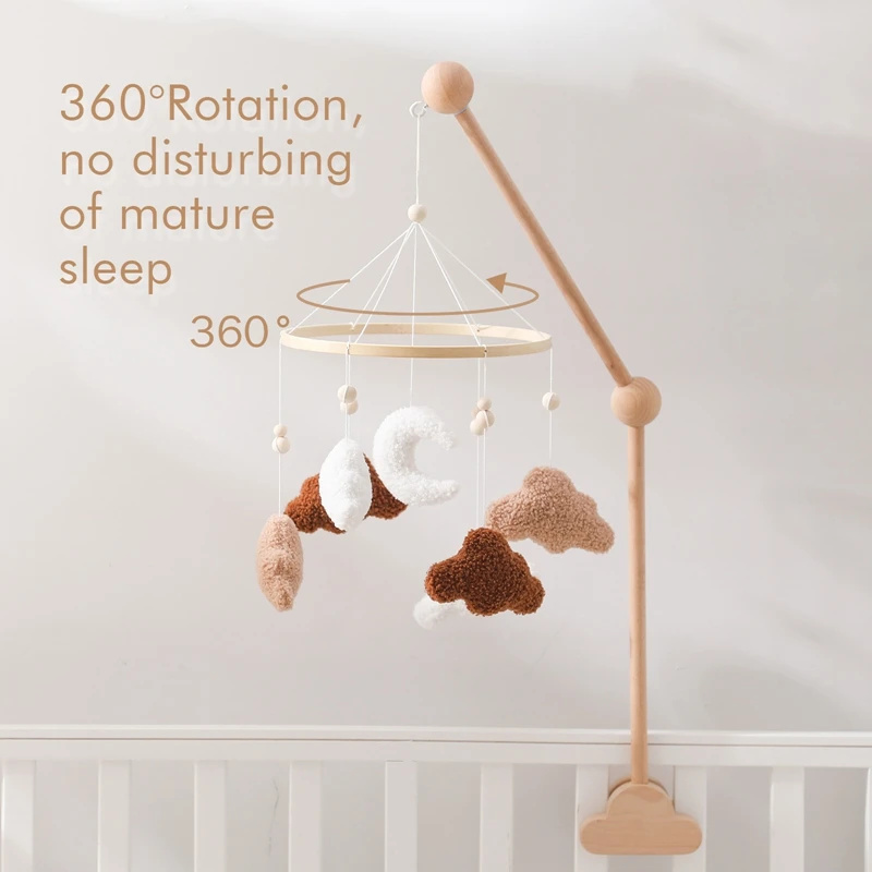 Baby Wooden Bed Bell Lambhair Mobile Hanging Toy Baby Crib Mobile Cartoon Cloud and Moon Pendant Toy Holder Arm Bracket Kid Gift