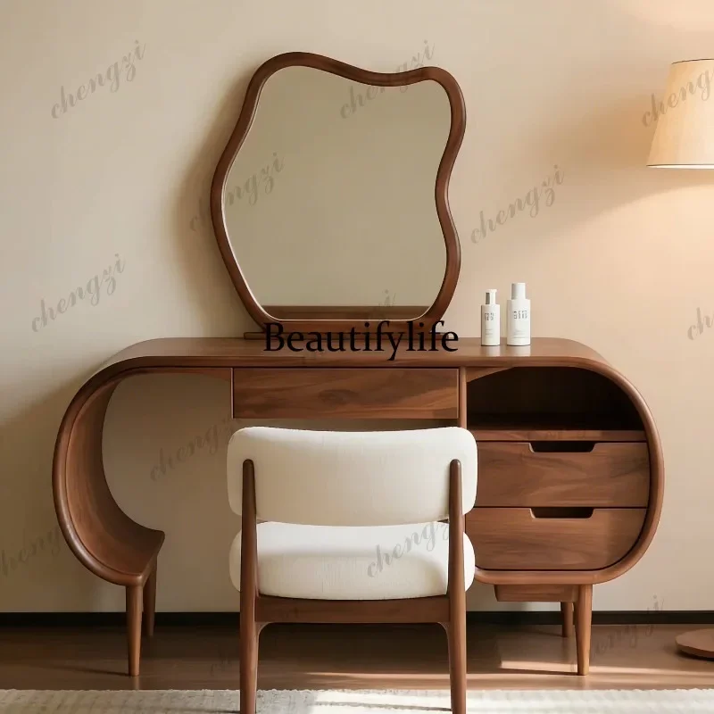 M45 New Chinese black walnut bedroom solid wood makeup mirror makeup stool combination high-end makeup table customization