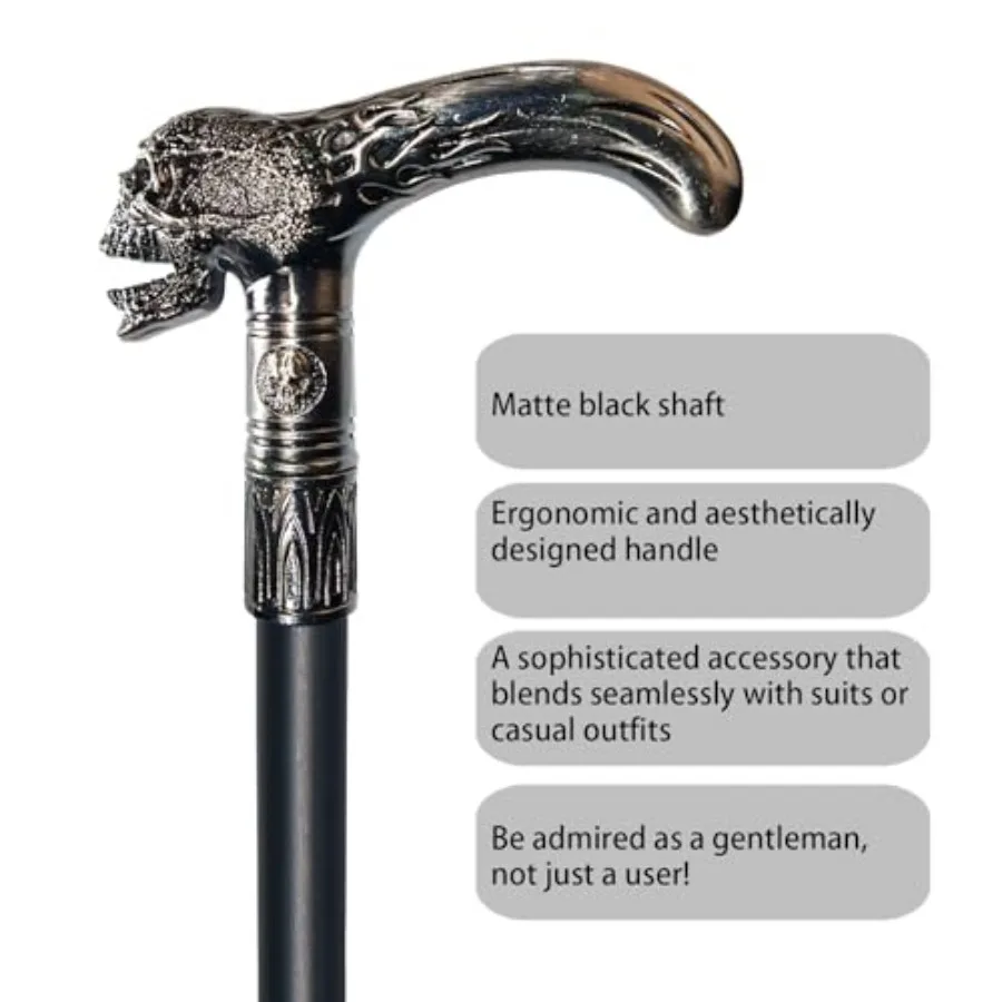 Walking Cane for Men and Women and Seniors - 36.5 Inch Heavy Duty 500+ lbs Capacity, Skull Ergonomic Handle, Decorative and Orn view 5