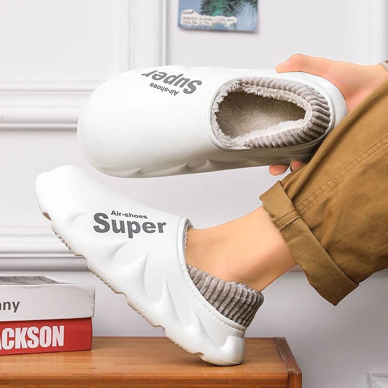 

Winter Warm EVA Soft Sole Waterproof Slides Slippers Slip On Scuff Clogs Short Plush Platform House Shoes Indoor Women Men