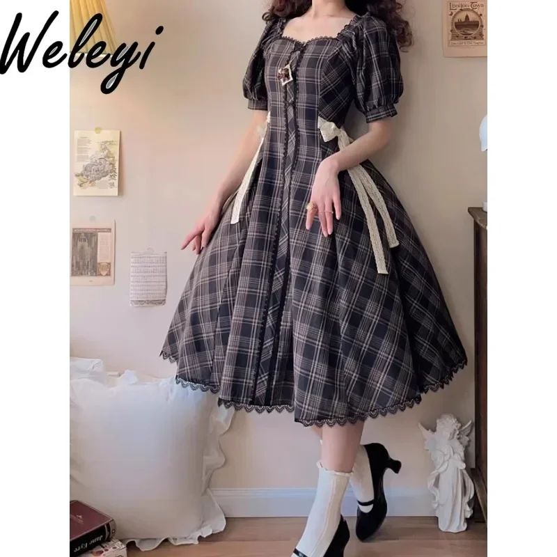 

Women's Cute Lolita Dresses 2024 Spring and Summer Sweet Slim Fit Preppy Style Plaid Elegant Six Pieces Cut A Line Fashion Kleid