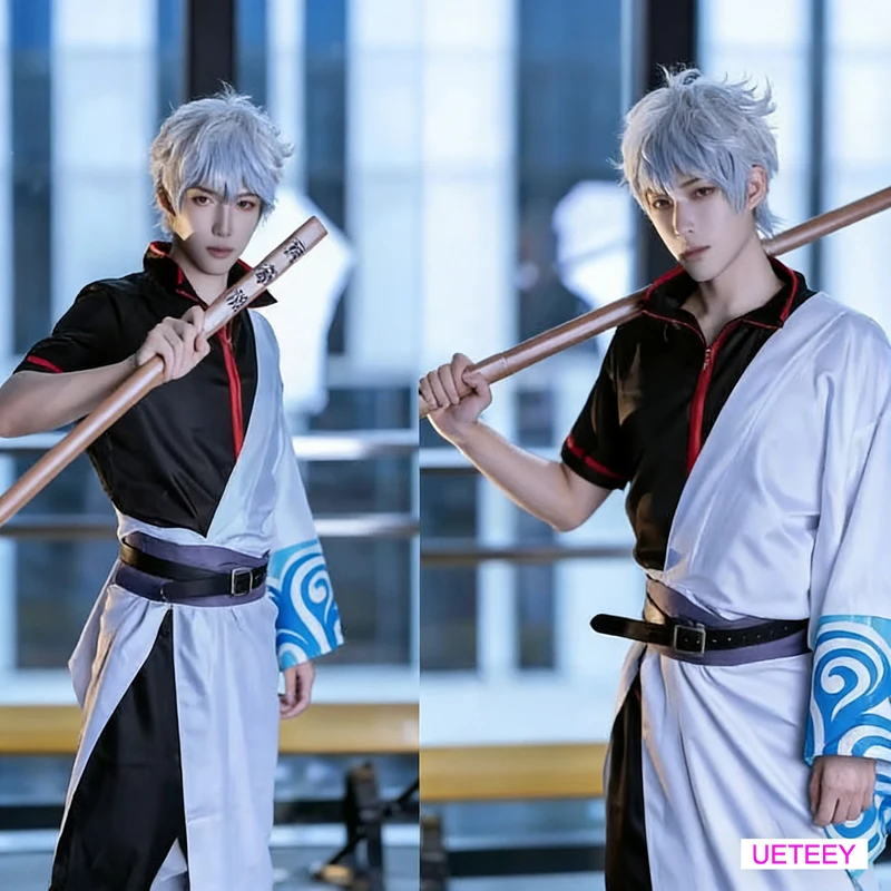 坂田銀時-コスプレ衣装-銀魂-アニメ-白い浴衣-青い波模様-赤い縁取り-メンズ用-ハロウィンパーティー用-コンプリートセット