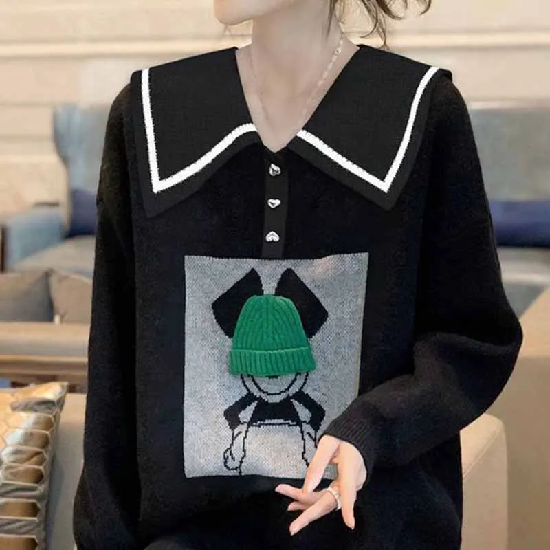 

Women Fashion Black Doll Collar Sweater Female Advanced Sense Western Style Knitting Pullover Ladies Loose Fashion Knitting Tops