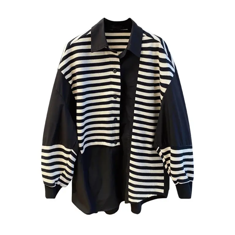 Autumn Oversized Loose Fake Two Pieces Blouse Women Clothing Casual Striped Shirts Korean Patchwork Buttons All-match Top Tee