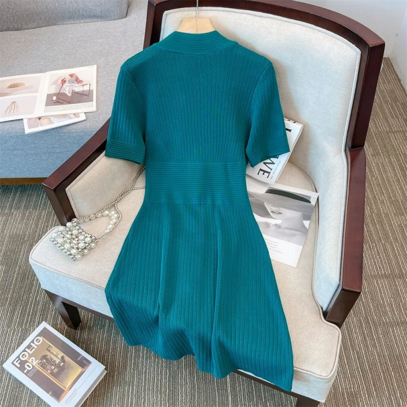 Large Size Women's Clothing 2024 Summer New A-line Skirt Fashionable Temperament Casual Knitted Short Sleeved Dress for Women