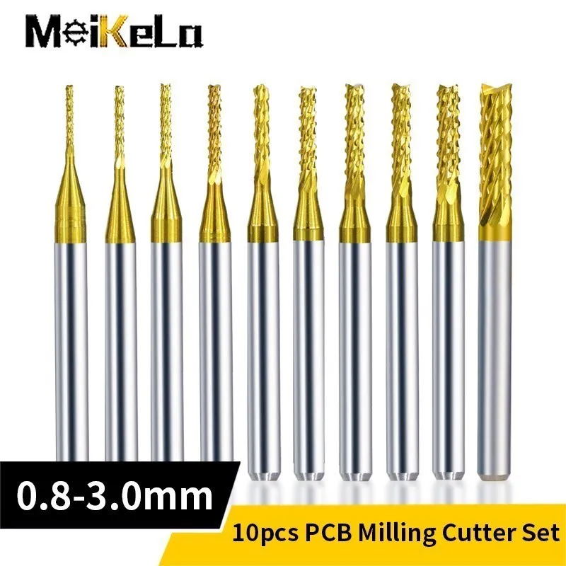 Meikela Set mata bor ukir, 10 buah mata bor ukir 3.175mm batang CNC Router bit bola hidung PCB pemotong karbida alat Milling CNC.