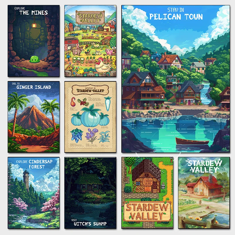 الكلاسيكية Stardew Valley لعبة فيديو ملصق استكشاف Cindersap الغابات يطبع معالج برج قماش جدار صورة الاطفال غرفة الألعاب ديكور
