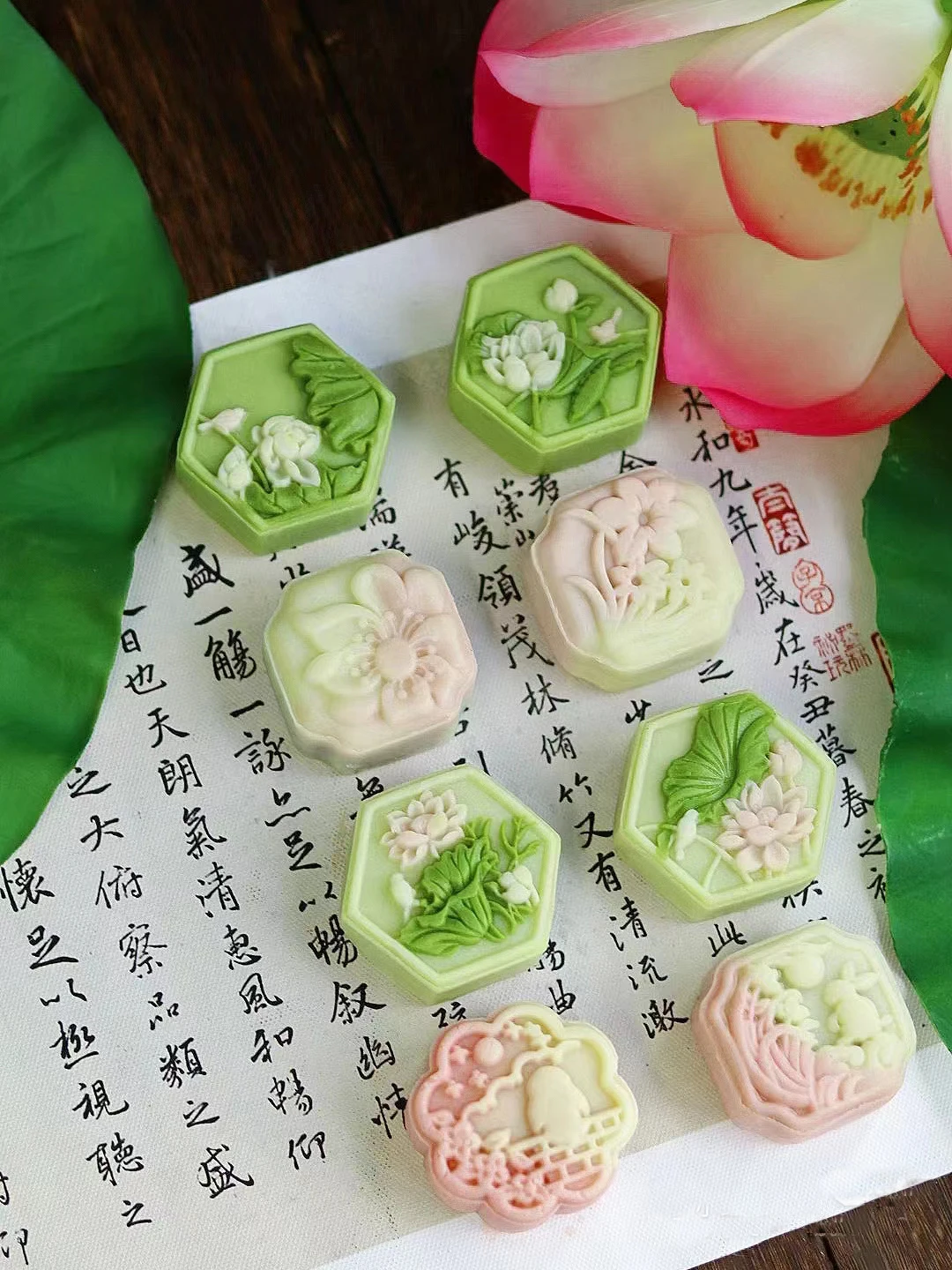 4Pcs/Set 50g Rabbit Lotus Koi Fish Square Mooncake Mould Flower Pastry Cake Cookie Stamp Dessert Baking Kitchen Decoration Tools