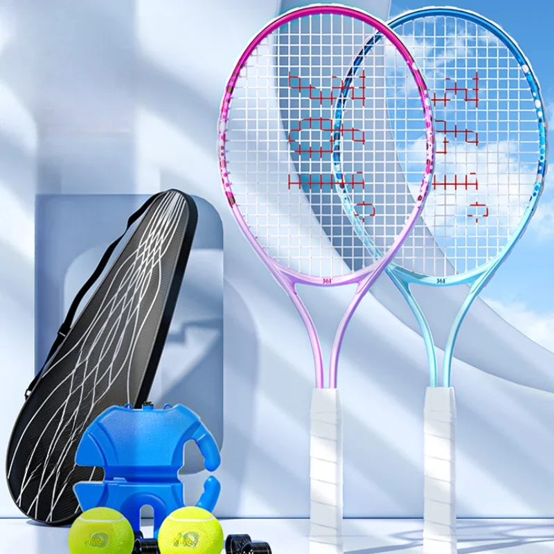 Ultra Light Tennis Racket with String for Parent and Child, Double Carbon Racket, Single Player Bouncing