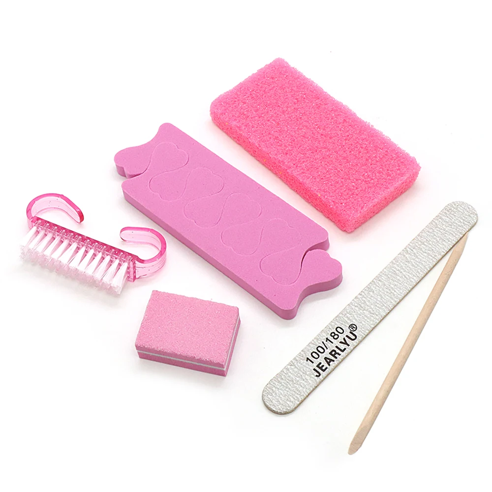 6Pcs Manicure Pedicure Kit Foot Pumice Stone Nail File Buffer Block Toe Separator Nail Cleaning Brush Cuticle Pusher Wood Sticks