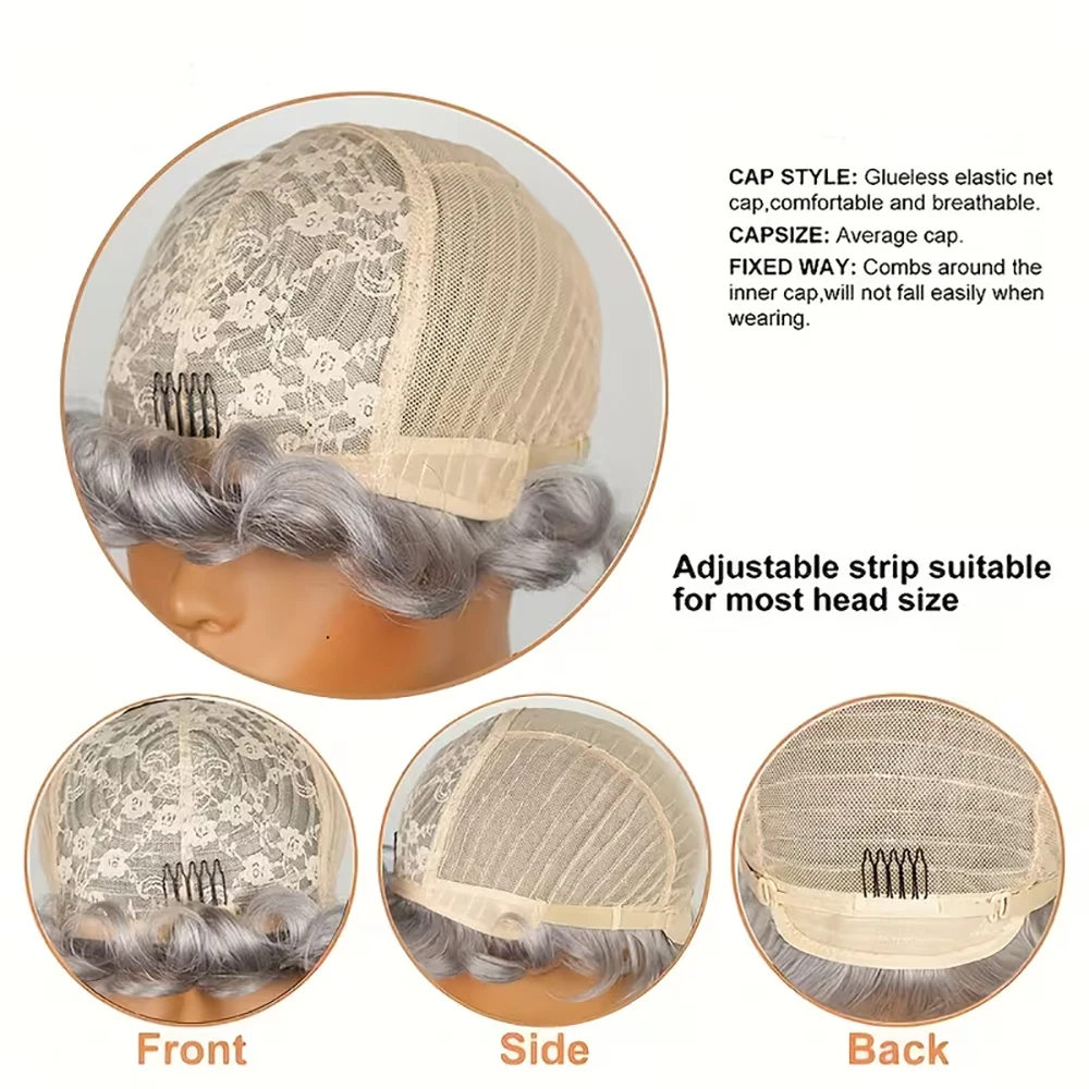 فضي رمادي البيض مجعد الباروكات قصيرة عابث قطع شعر مستعار مع الانفجارات قبل قطعها للنساء الشعر البرازيلي آلة صنع قبعة 100% الشعر البشري