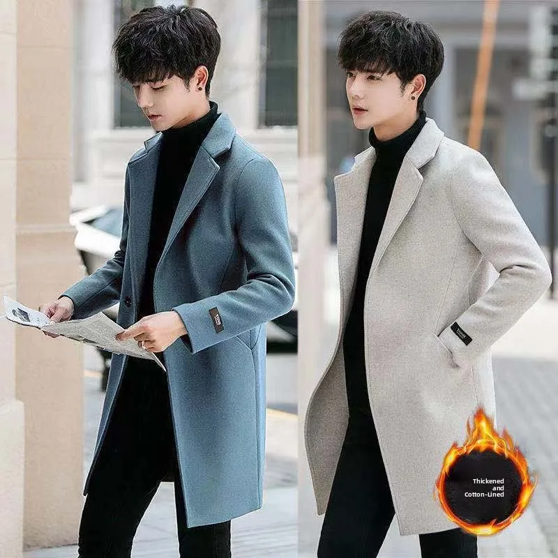 Men's Winter Thickened Cotton Lined Slim Fit Woolen Coat Stylish Windbreaker Mid-Length Korean Style Fashionable Outerwear