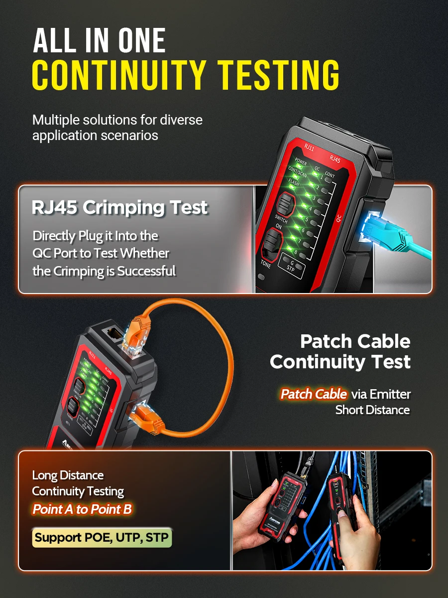 AMPCOM Network Cable Tester, USB Charging, Test on PoE, NCV, Ethernet Port Flashing, Crimping Checking,LAN Cable Tracer Kits
