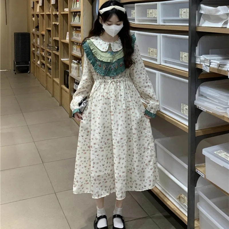 Mori Girl Style Vintage Floral Embroidery Women Dress Summer Sweet Cute College Aesthetic Ruffled Doll Collar A-Line Long Dress